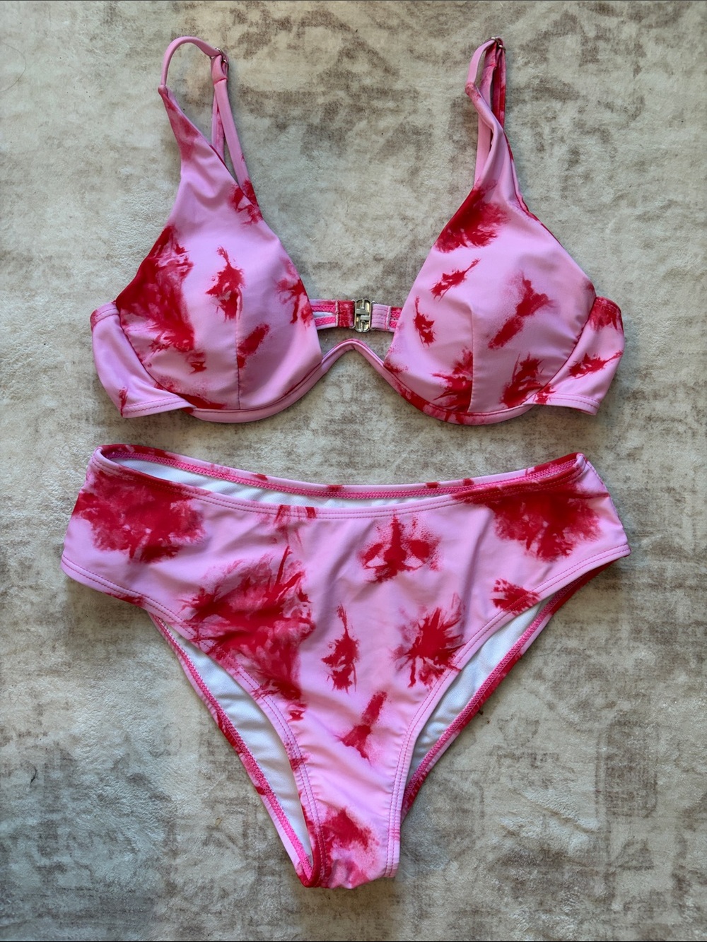 Romwe 2 piece swim suit bikini pink and red print bra style top size medium